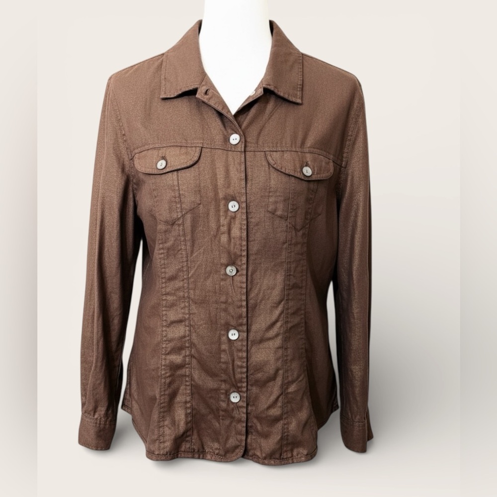 Chico's Metallic Bronze Gold 100% Linen Shirt Jacket Sz 2